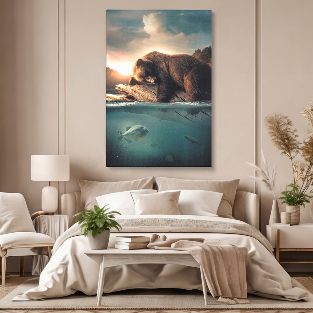 Tablou canvas cu tablou urs brun si peste subacvatic, fara rama, pe sasiu de lemn, pe perete intr-un dormitor